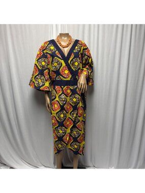 Ashro African Print Wrap Dress Womens Size 22W Cotton Bold Geometric Midi NEW